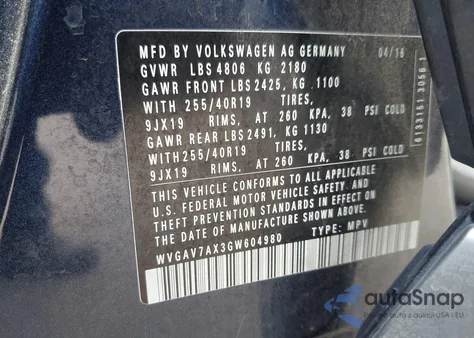 2016 Volkswagen Tiguan R-Line from USA, damaged, VIN WVGAV7AX3GW604980